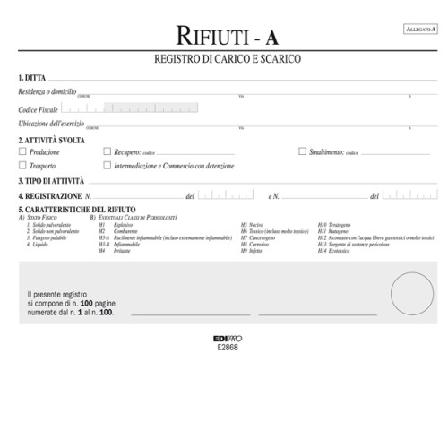 Registro Carico e Scarico Rifiuti (Mod.A) 100fg...