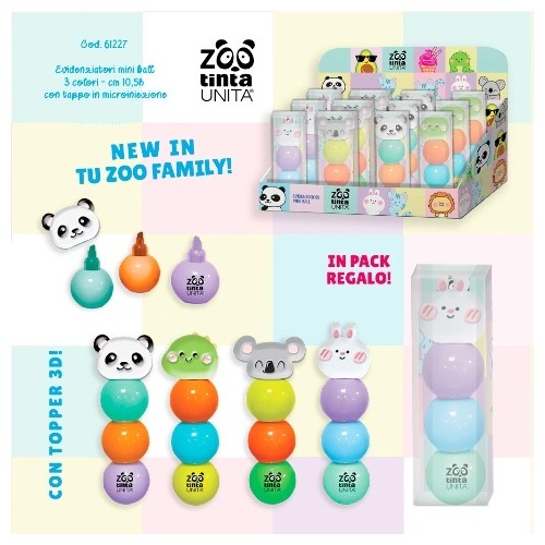 Evidenziatori Mini Ball 3in1 Tinta Unita Zoo