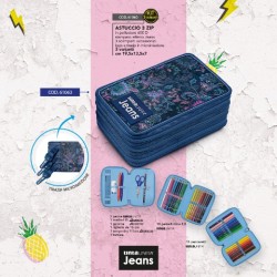 Astuccio 3 zip Flowers Tinta Unita Jeans