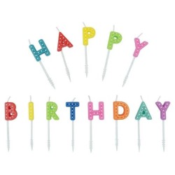 Candeline per Torta con Supporto in Plastica Happy Birthday